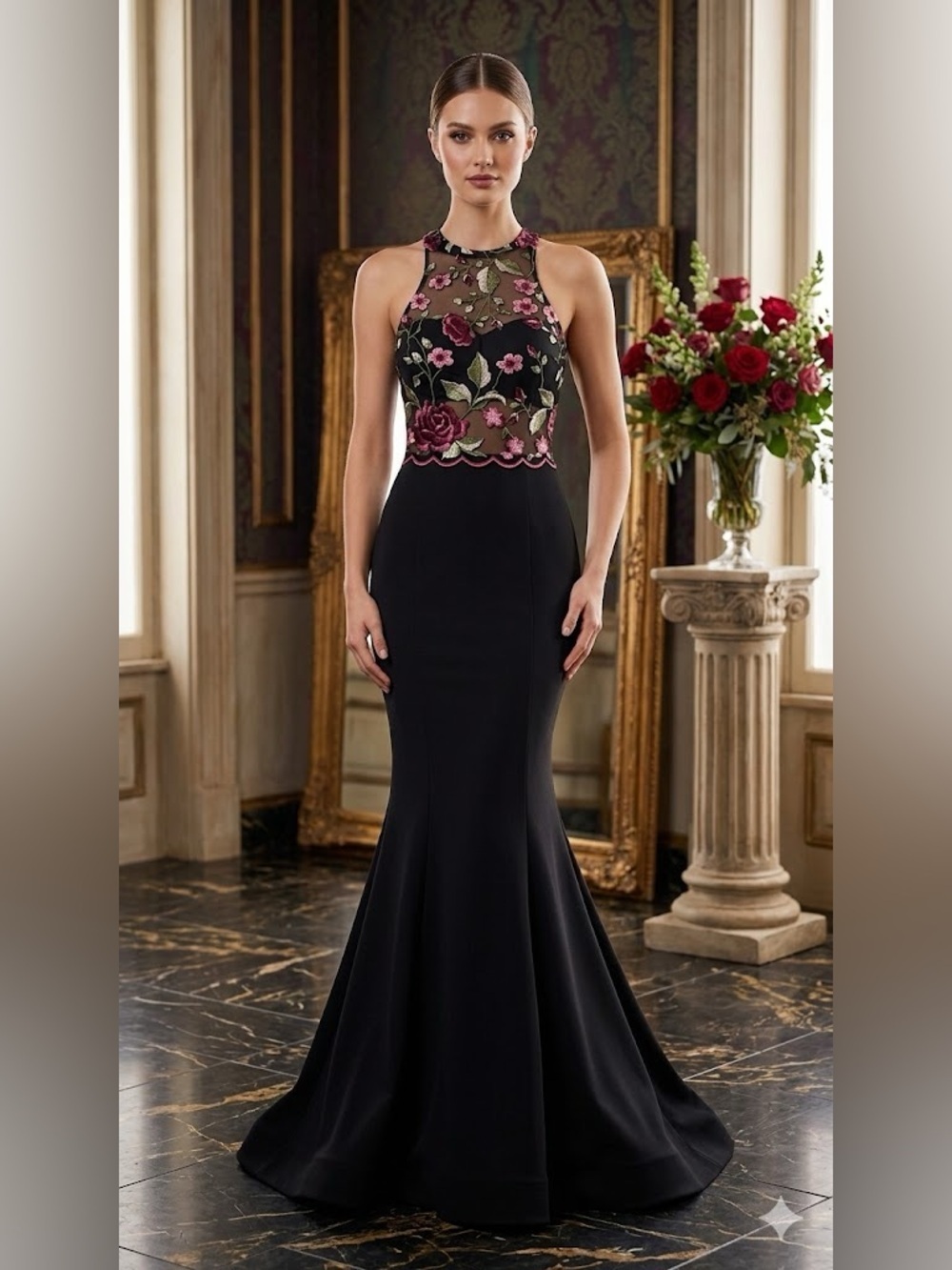 Sequin Hearts Black Mermaid Dress with Rose Embroidered Bodice